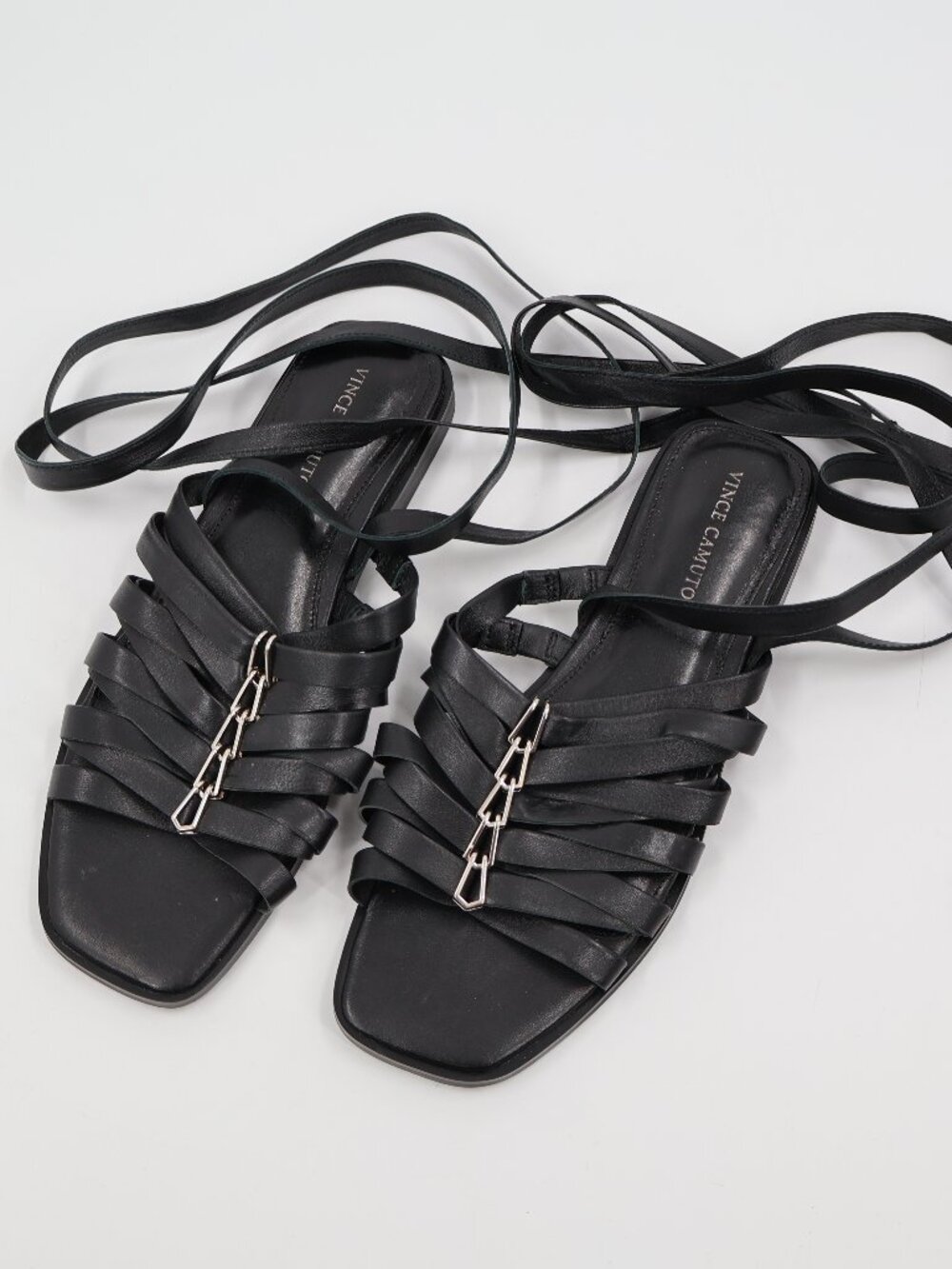 Vince Camuto Black Strappy Lace-Up Flat Sandals with Silver Accents